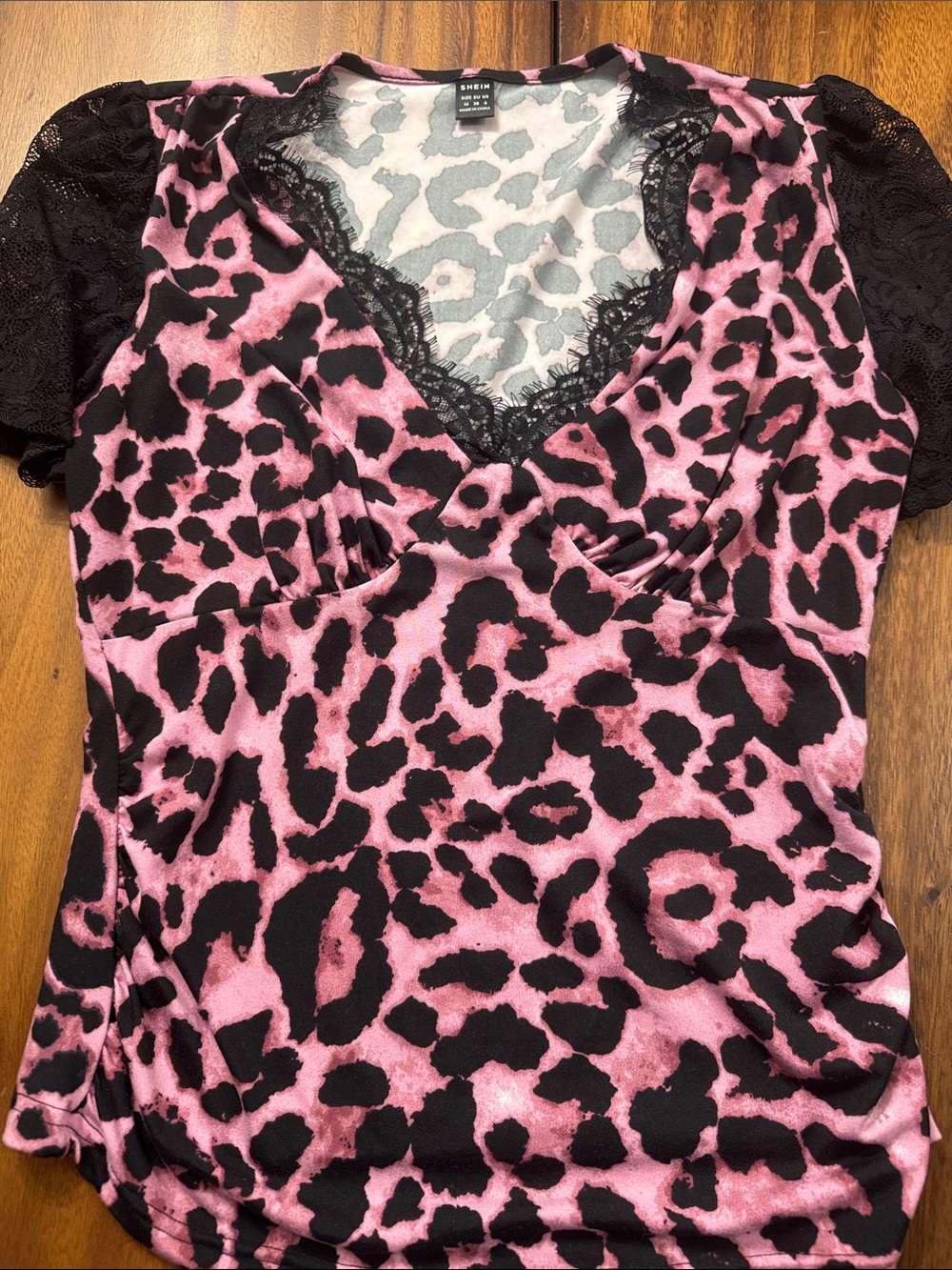 SHEIN Pink & Black Leopard Lace-Trim Sleep Top